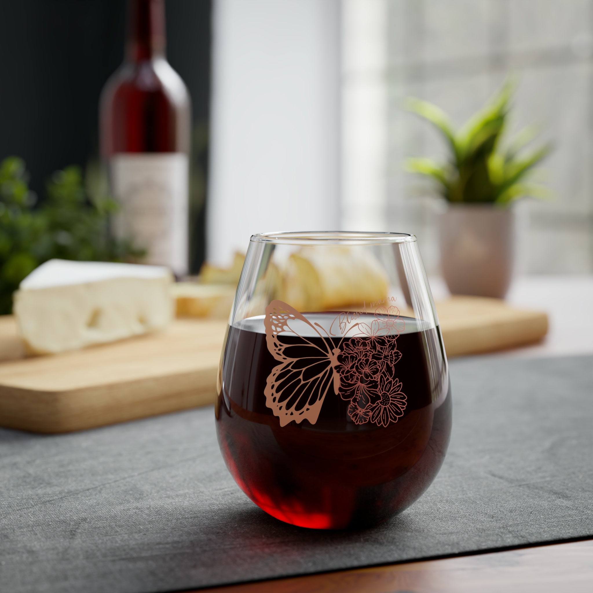 Stemless Wine Glass, Blessed Mama, Butterly, Wine Glass