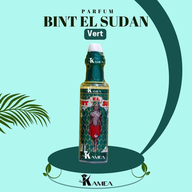 May include: A green glass bottle of perfume with a gold label. The label features a woman in a red dress and the text "BINT EL SUDAN Vert".