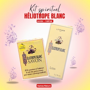 May include: A kit containing two boxes of Heliotrope Blanc products. The boxes are cream-coloured with red and black text, and floral designs. One box is labelled "Savon" and the other "Lotion", with 97 ml. The background is a gradient of pink and yellow.