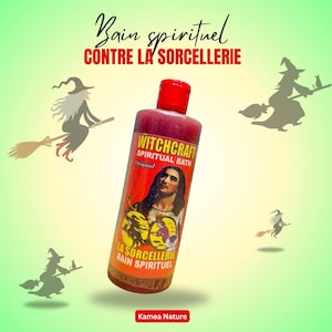 Peut inclure: Une bouteille rouge de "Witchcraft Spiritual Bath" avec un bouchon rouge, avec une image d'un homme et le texte "La Sorcellerie Bain Spirituel". Le fond présente des silhouettes de sorcières et le texte "Bain spirituel CONTRE LA SORCELLERIE".