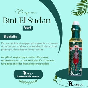 May include: A green glass bottle with a gold label and a green and gold cap. The label says "Bint El Sudan Vert" and "KAMEA Secrets de la nature".