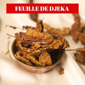 Peut inclure: Un bol en bois rempli de feuilles brunes séchées, étiqueté "FEUILLE DE DJEKA" et "@kamea.nature".