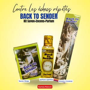 Peut inclure: Un kit de produits "Back to Sender" sur fond jaune. Le kit comprend du savon, du parfum et des bâtonnets d'encens. Le savon est dans une boîte verte, le parfum dans un flacon jaune et l'encens dans un emballage vert et blanc.
