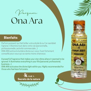 May include: A yellow and brown bottle of Ona Ara & Ologo Didan perfume with a coconut design. The bottle is labeled with the text "Ona Ara & Ologo Didan Perfume" and "Mani&egrave;re merveilleuse & foire Lolante".