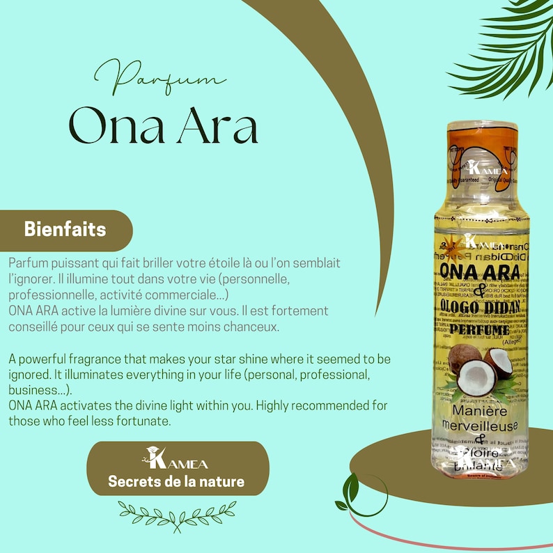 May include: A yellow and brown bottle of Ona Ara & Ologo Didan perfume with a coconut design. The bottle is labeled with the text "Ona Ara & Ologo Didan Perfume" and "Mani&egrave;re merveilleuse & foire Lolante".