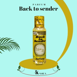 Op de afbeelding: Een gele fles parfum met het label "Back to Sender", een gouden dop en een gouden label. De fles is 50 ml en is gemaakt door Kamea.