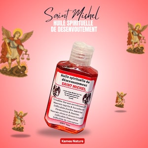 Op de afbeelding: Een kleine, transparante fles gevuld met rode vloeistof, met het label "Saint Michel Huile Spirituelle de Désenvoutement". Het etiket bevat Franse tekst en engelillustraties. De achtergrond is een roze en rode gradiënt.