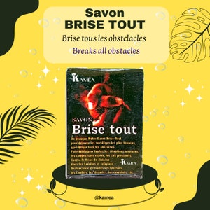 Puede incluir: Una pastilla de jabón negra con una mano roja en la parte delantera. El jabón está etiquetado como "Savon Brise Tout" y "Brise tout". El texto en el jabón dice "On invoque Notre Dame Brise-Tout pour déjouer les sortilèges les plus tenaces, pour briser tous les obstacles. Pour débloquer toutes les situations urgentes, les causes sans espoir, les cas pressants. Contre le fléau de division dans les familles et religions. Destructrice de toutes les hérésies, les conflits, les disputes, les complots, etc... @kamea"