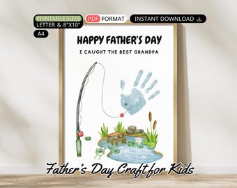 Fathers Day Grandpa Handprint Craft Fishing Handprint Art DIY Toddler Keepsake Baby Happy Fathers Day Printable Grandpa Fish Birthday Gift