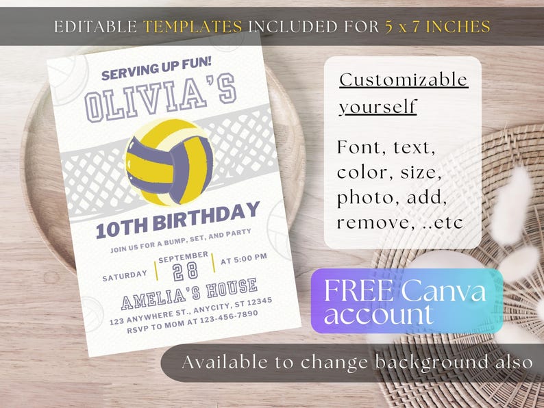 Volleyball Birthday Party Invitation | Modern Sport Theme | Editable Canva Template | Digital Birthday Invite for Kids