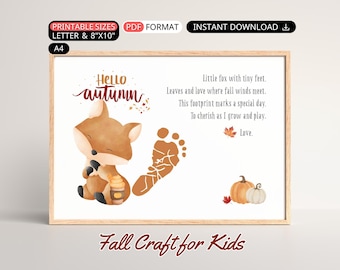 May include: A framed print with a watercolor illustration of a fox, pumpkins, and a footprint. The text reads "Hello autumn" and a poem about fall. The print is labeled "Fall Craft for Kids" and includes size options.