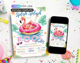 Pink Pool Party Invitation Flamingo Pool Birthday Party Invite Girl Summer Birthday Invite Digital Tropical Pool Party Invite Editable Canva