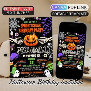 Plantilla de invitación de cumpleaños de Halloween espeluznante, invitación editable para fiesta de Halloween, invitación para disfraz de Halloween para niños, invitación de Halloween de calabaza de otoño para niño