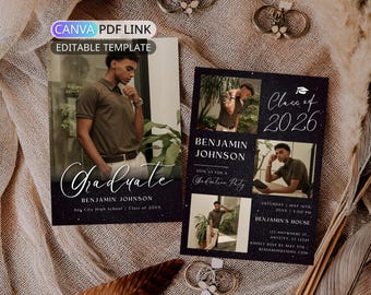 Modern Black Graduation Invitation: Senior Graduation Announcement Card Digital Multiple Photo Grad Party Invite Boy Class of 2026 Editable
