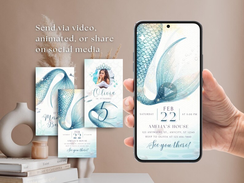 Mermaid Tail Birthday Invitation Video | Animated Ocean Mermaid Party Invite for Girl | Pool Party Birthday Editable Canva Template Digital