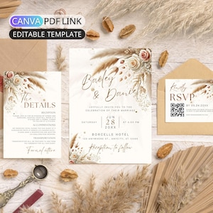 Pampas Grass Wedding Invitation Set Boho Wedding Invite Suite Template Terracotta Wedding Party Invite Bundle Rustic QR Code RSVP Editable