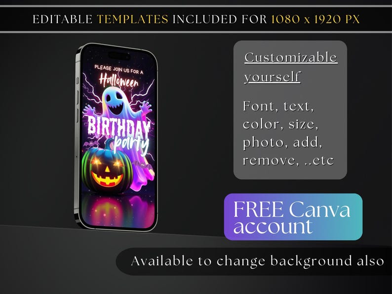 Editable Animated Neon Halloween Invitation Video Template Spooky Costume Birthday Party Invite Kid Digital Halloween Canva