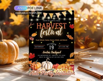 May include: A black invitation for a Harvest Festival, featuring pumpkins, autumn leaves, and the text "Harvest Festival." The invitation includes event details like date, time, and location, with a decorative banner.
