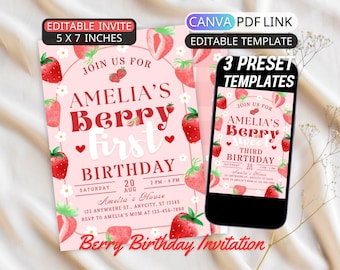 Berry First Birthday Invitation Template Canva Editable Pink Gingham Berry Sweet Birthday Invite Girl Strawberry 1st Birthday Invite Digital