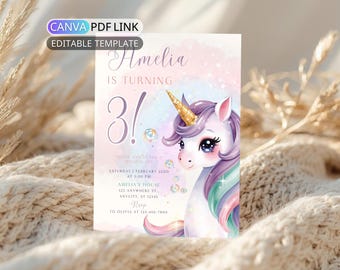 Pastel Rainbow Unicorn Birthday Invitation: Magical Unicorn Girl Party Invite Digital Princess Unicorn Birthday Party Invite Editable Canva