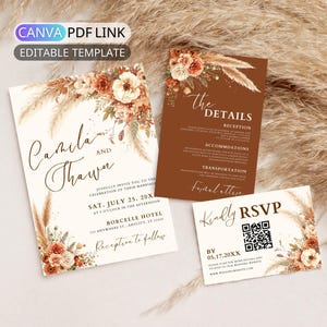 Op de afbeelding: Een trouwkaarten set bestaande uit een crèmekleurige hoofdkaart, een donkerbruine detailkaart en een crèmekleurige RSVP-kaart met QR-code. Alle kaarten zijn versierd met bloemenillustraties in roest-, beige- en wittinten, inclusief pampasgras.