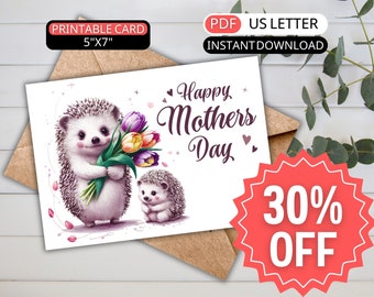 Printable Happy Mothers Day Card Daughter To Mom Gift For Mother's Day Greeting Card Watercolor Cute Hedgehog Birthday Card Her, Tulip Print