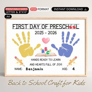 First Day of Preschool Handprint Art Kid Back To School Handprint Craft DIY Toddler Keepsake Gift Student Printable First Day of School Sign