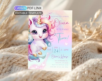 Editable Unicorn Birthday Invitation: Pastel Rainbow Unicorn Party Invite Digital Magical Birthday Party Invite for Girl Kid Canva Template