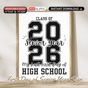 Cartello stampabile per il primo giorno di scuola superiore, cartello per il primo giorno dell&#39;ultimo anno di scuola, classe del 2026, cartello per foto di ritorno a scuola, regalo per adolescenti del 12° anno