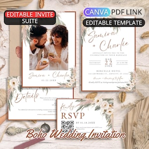 Boho-huwelijksuitnodiging suite sjabloon canvas pampagras bruiloft uitnodigingsset met foto Boho moderne bruiloft uitnodiging bundel QR-code RSVP-kaart