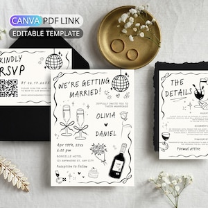 Modèle de suite d'invitations de mariage dessinées à la main : ensemble illustré d'invitations de mariage, lot d'invitations de mariage manuscrites, code QR RSVP, toile modifiable