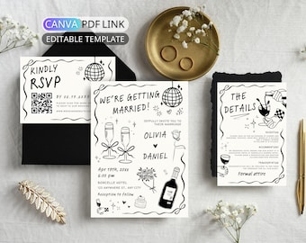 Plantilla de invitación de boda dibujada a mano: conjunto de invitaciones de boda ilustradas, paquete de invitaciones de boda manuscritas, código QR RSVP editable en Canva