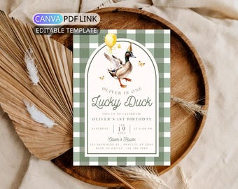 One Lucky Duck Birthday Invitation: Mallard Duck 1st Birthday Party Invite for Boy Digital Green Gingham Duck Party Invite Editable Template