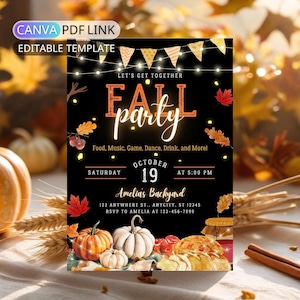 May include: A black invitation for an autumn party, featuring the words "Fall Party" in orange and white. The invitation includes the date, time, and location, along with pumpkins and autumn leaves.