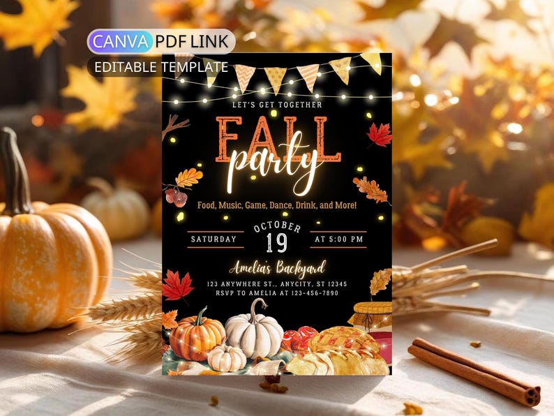Fall Festival Invitation Template Editable Fall Party Invite for Family, Friend Pumpkin Theme Canva Autumn Block Party Digital Invite
