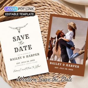 Modèle « Réserver cette date » western rustique, toile réservez cette date pour mariage dans le désert, faire-part de mariage ranch cow-boy, carte réservez une photo modifiable