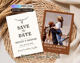 May include: Two wedding announcement cards with a western theme. One card is white with a bull skull graphic and text that reads "Save the Date." The other card is a photo of a couple with horses. The text "Western Save the Date" is at the bottom.