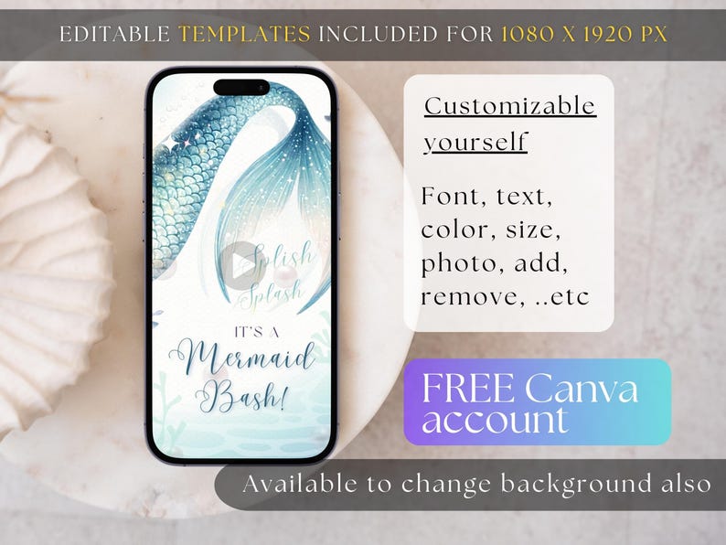 Editable Mermaid Birthday Invitation Video | Animated Mermaid Tail Ocean Pool Party Invite | Girls Birthday Party Digital Canva Template