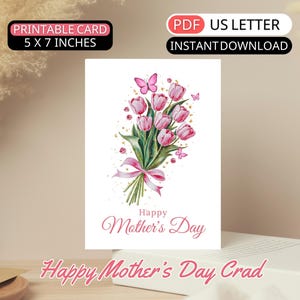 Tulpen Muttertagskarte druckbare glückliche Mutter-Tagesblumenkarte von Tochter zu Mutter-Mama Digital-rosa Blumenblumenstrauß-Karte für Frau-Oma