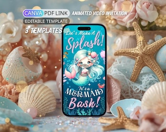 Mermaid Birthday Invitation Video: Animated Mermaid Birthday Party Invite Digital Ocean Mermaid Bash invite Girl Pool Party Editable Canva