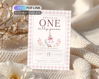 One Silly Goose First Birthday Invitation: Pink Gingham Silly Goose Birthday Party Invite Digital Girl 1st Birthday Invite Editable Template