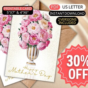 Pfingstrose Mutter-Tages-Karte für Mama Oma Happy Mothers Day Grußkarte von Tochter druckbare Blumenstrauß Vase Karte Mama Geburtstagskarte