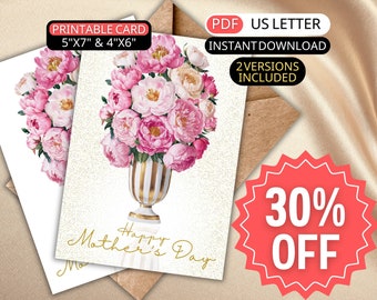 Watercolor Peony Mothers Day Card From Daughter To Mom Gift For Mother's Day Greeting Card Flower Bouquet Vase Happy Mothers Day Pink Flower