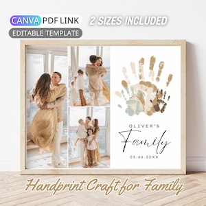 Puede incluir: Un collage de fotos familiares enmarcado con un diseño de huellas de manos. El collage incluye fotos familiares y el texto "OLIVER'S Family 03.22.20XX". También son visibles las palabras "CANVA PDF LINK", "2 SIZES INCLUDED" y "EDITABLE TEMPLATE".