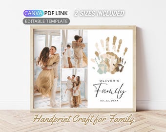 Family Photo Collage Template: Family Handprint Art Craft DIY Parent Grandparent Keepsake Gift Mom Dad Birthday Activity with Kid Editable