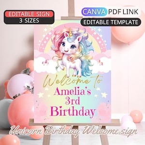 Pastel Rainbow Unicorn Birthday Welcome Sign Template Birthday Party Welcome Sign Decor Editable Girl First Birthday Party Sign Rainbow Bday