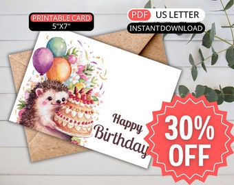 Tarjeta de cumpleaños de erizo de acuarela para su hija de tarjeta de feliz cumpleaños imprimible, tarjeta de felicitación linda animal con pastel cumpleaños día de las madres