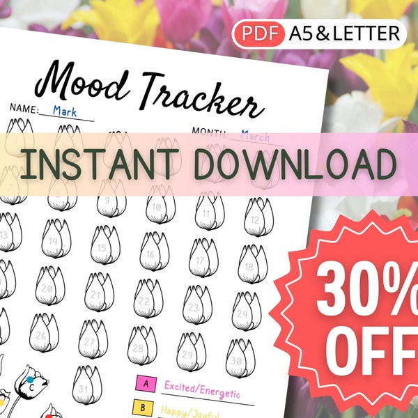 Tulip Mood Tracker Spring Floral Theme Printable Flower Mood Tracker Daily Emotion Journal Page Feeling, Monthly Mood Tracker Flower Petals