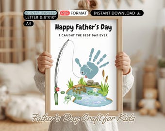 Fathers Day Handprint Craft Kid Printable Toddler Activity Fathers Day Fishing Gift For Dad From Baby Infant Fish Handprint Art DIY Keepsake