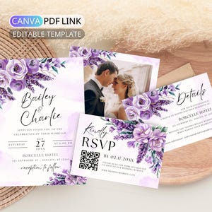 Conjunto de convites de casamento em lavanda, editável, conjunto de convites florais em roxo, pacote de convites de casamento em lilás para impressão, cartão de detalhes RSVP